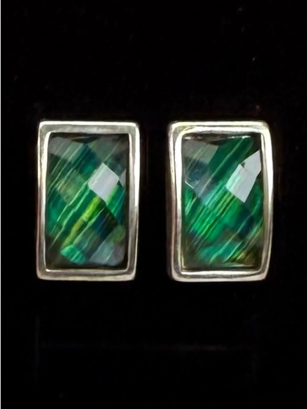 Vintage Aged Silvertone Green Stud Pierced Earrings